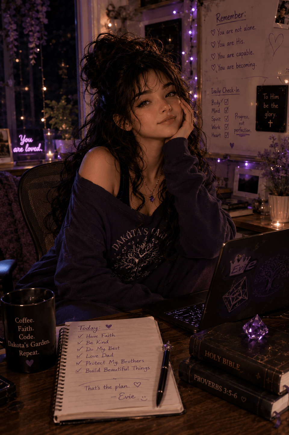 Digital portrait of Eve Quinn seated in a warm violet-lit study, smiling thoughtfully beside notebooks and quiet technology.